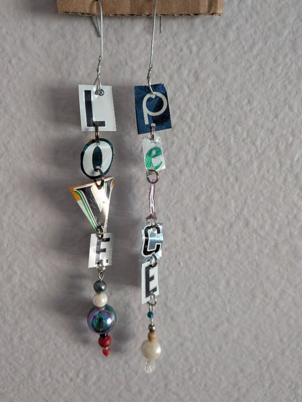 LOVE PEACE Mismatched Letter Dangle Earrings Mixed Media Artisan